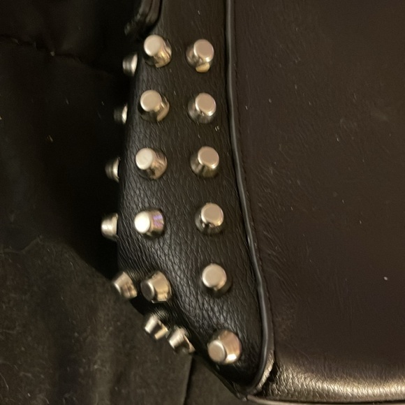 Black w/Silver Studded Crossbody bag Zip Closure Worn 2 Ways Short Chain Handle - Picture 3 of 10